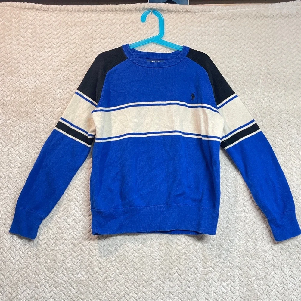 Polo Ralph Lauren Boys Classic Blue Striped Sweater Logo Size M 10-12 Preppy BTS